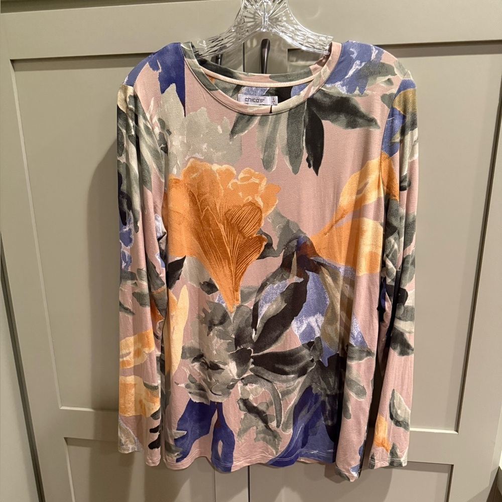 EUC Chico's Multicolor Floral Long Sleeve Blouse SZ 2 (Lrg 12)
